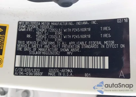 2016 Toyota Highlander Xle V6 z USA, uszkodzony, nr VIN 5TDJKRFH6GS260362